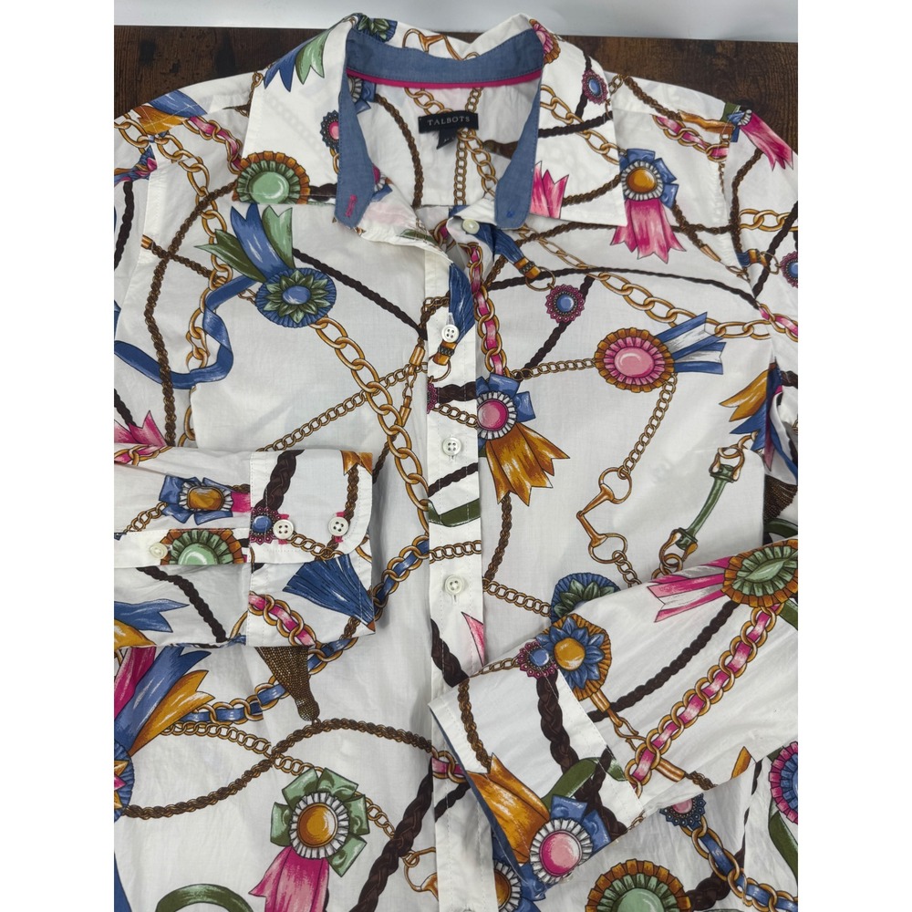 Talbots Button Down Shirt Equestrian Chain Tassel Print Horse Ribbons Size M
